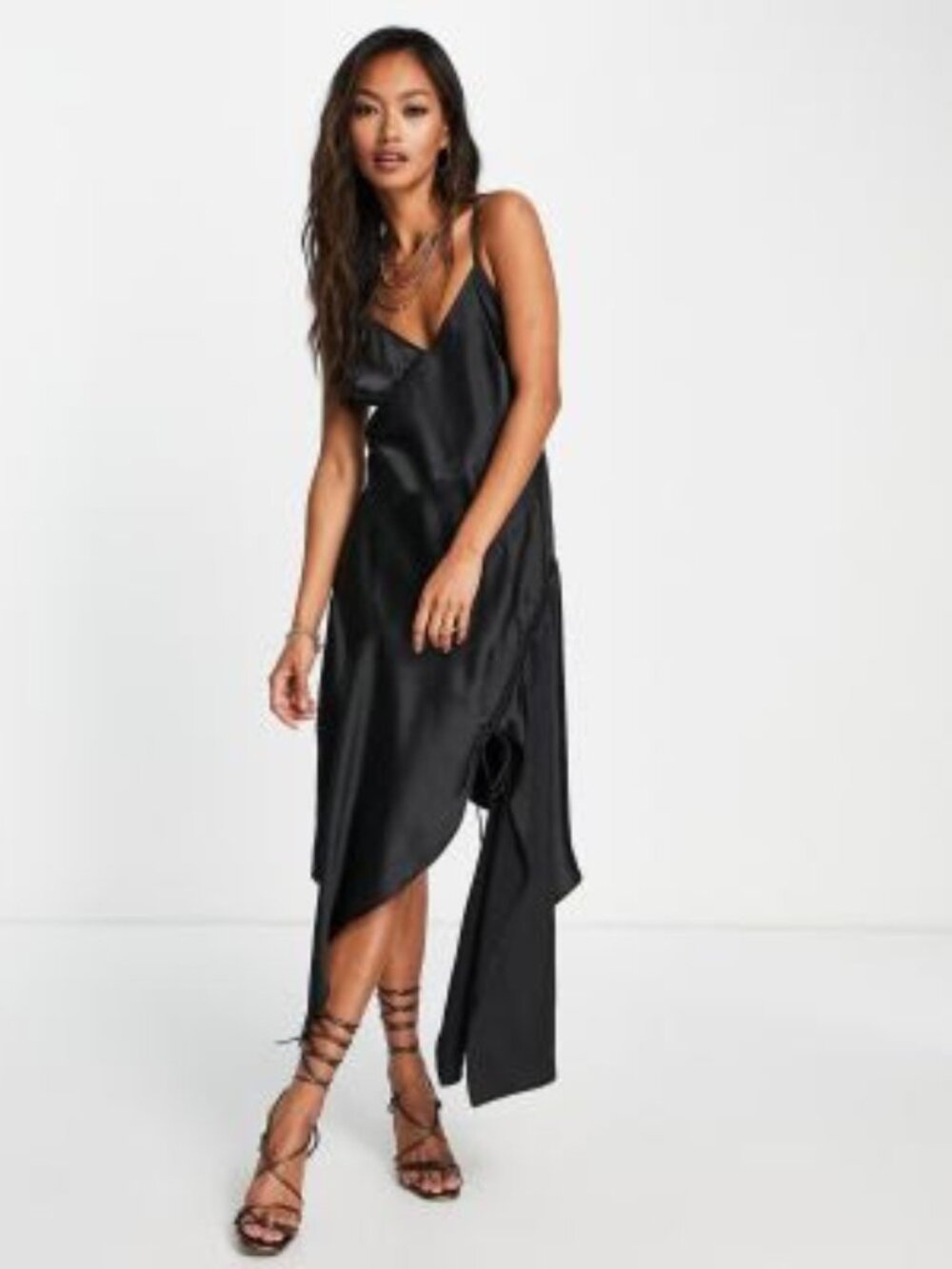 NWT Topshop Lace Up Satin Midi Slip Dress Black 10 Asymetrical